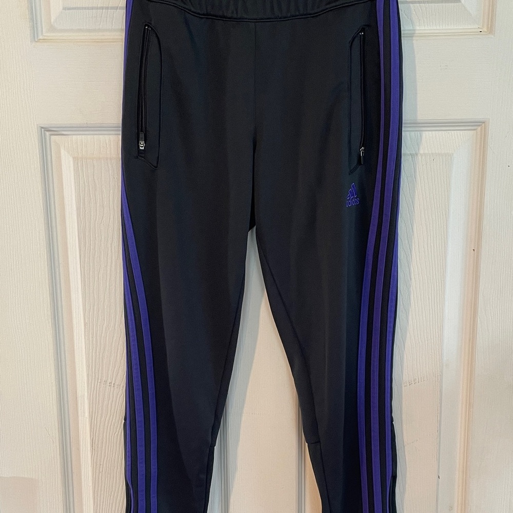 Adidas’s Size XS Black Joggers with Purple Side Stripes